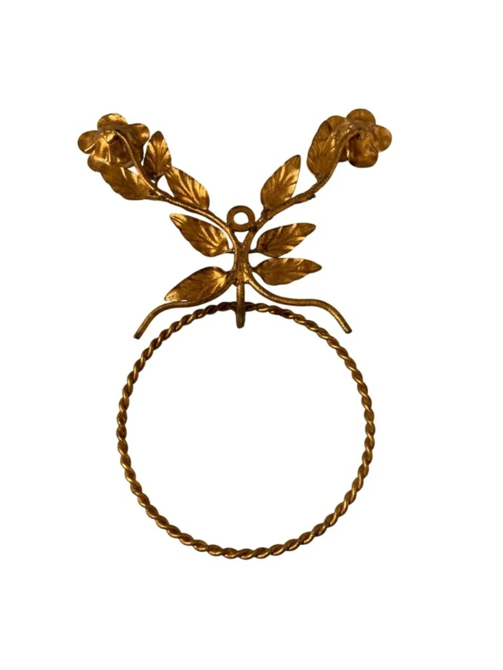 Italian Style Gold Gilt Hollywood Regency Tole Metal Roses Towel Holder